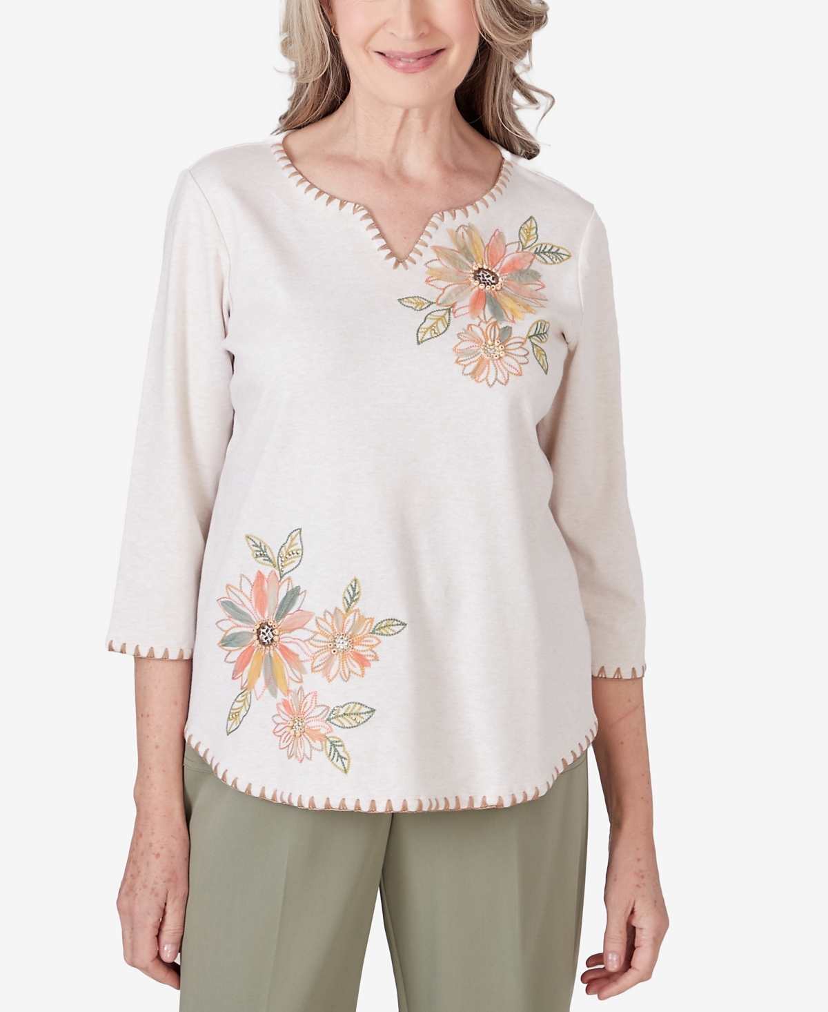 Women's Tuscan Sunset Embroidered Flower Round Neck Top - Oatmeal
