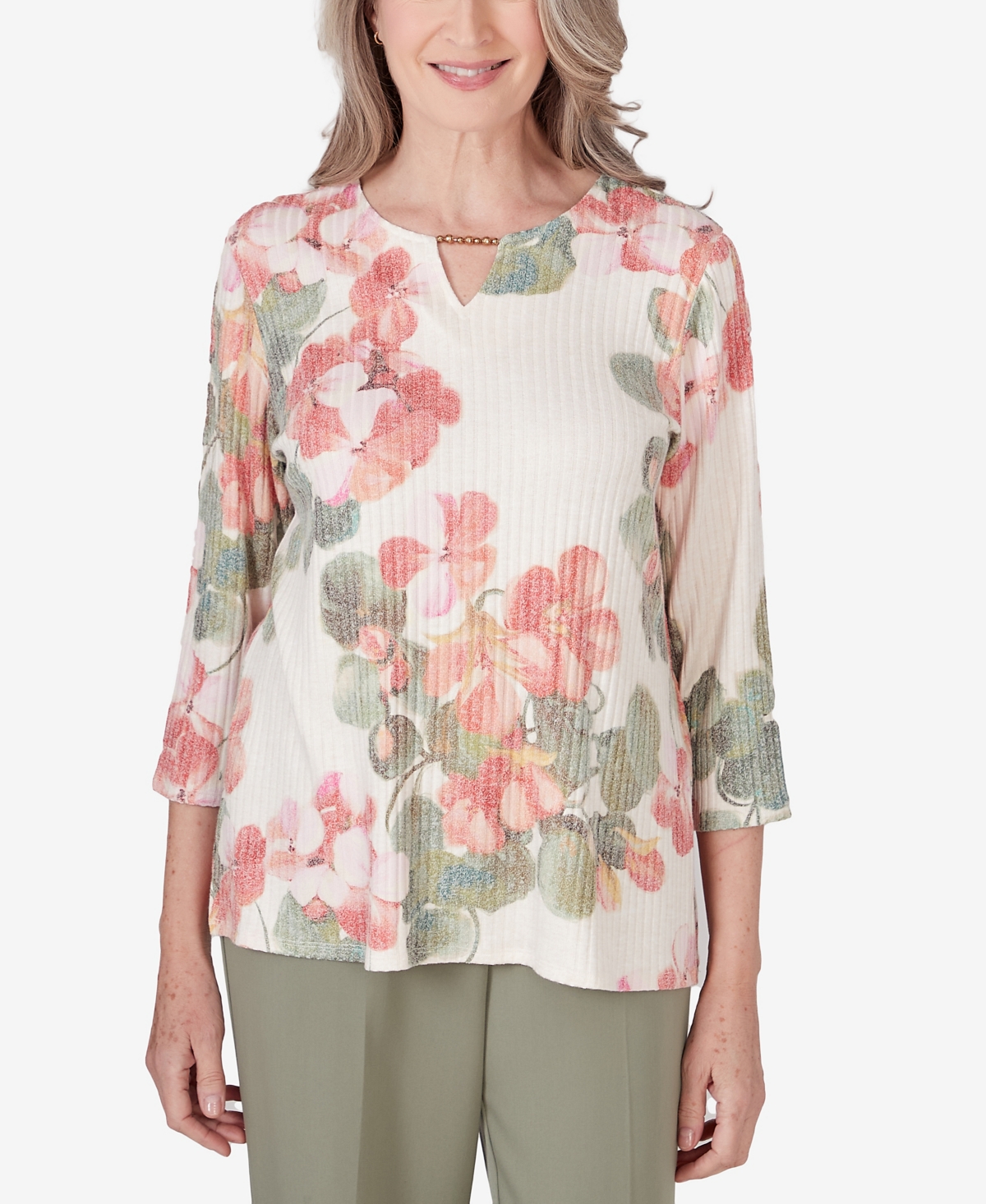 Alfred Dunner Women's Tuscan Sunset Keyhole Neck Floral Textured Top In Multi