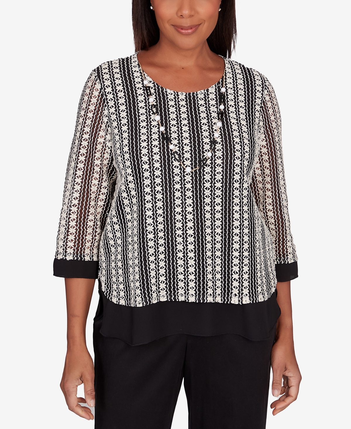 Alfred Dunner Women's Opposites Attract Striped Texture Top With Necklace In Multi