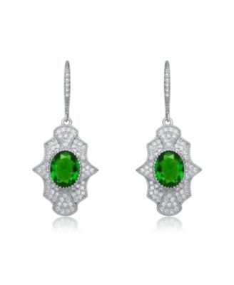 Sterling Silver with White Gold Plated Oval Cubic Zirconia Embellish Leverback Earrings