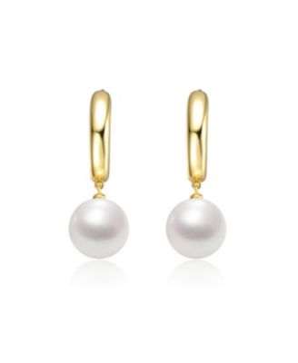 Sterling Silver 14k Yellow Gold Plated White Pearl Drop Huggie Hoop Earrings