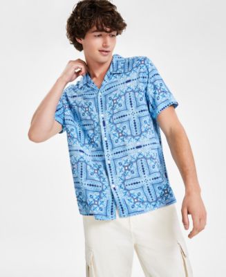 GUESS Men's Tile-Print Button-Down Camp Shirt - Macy's