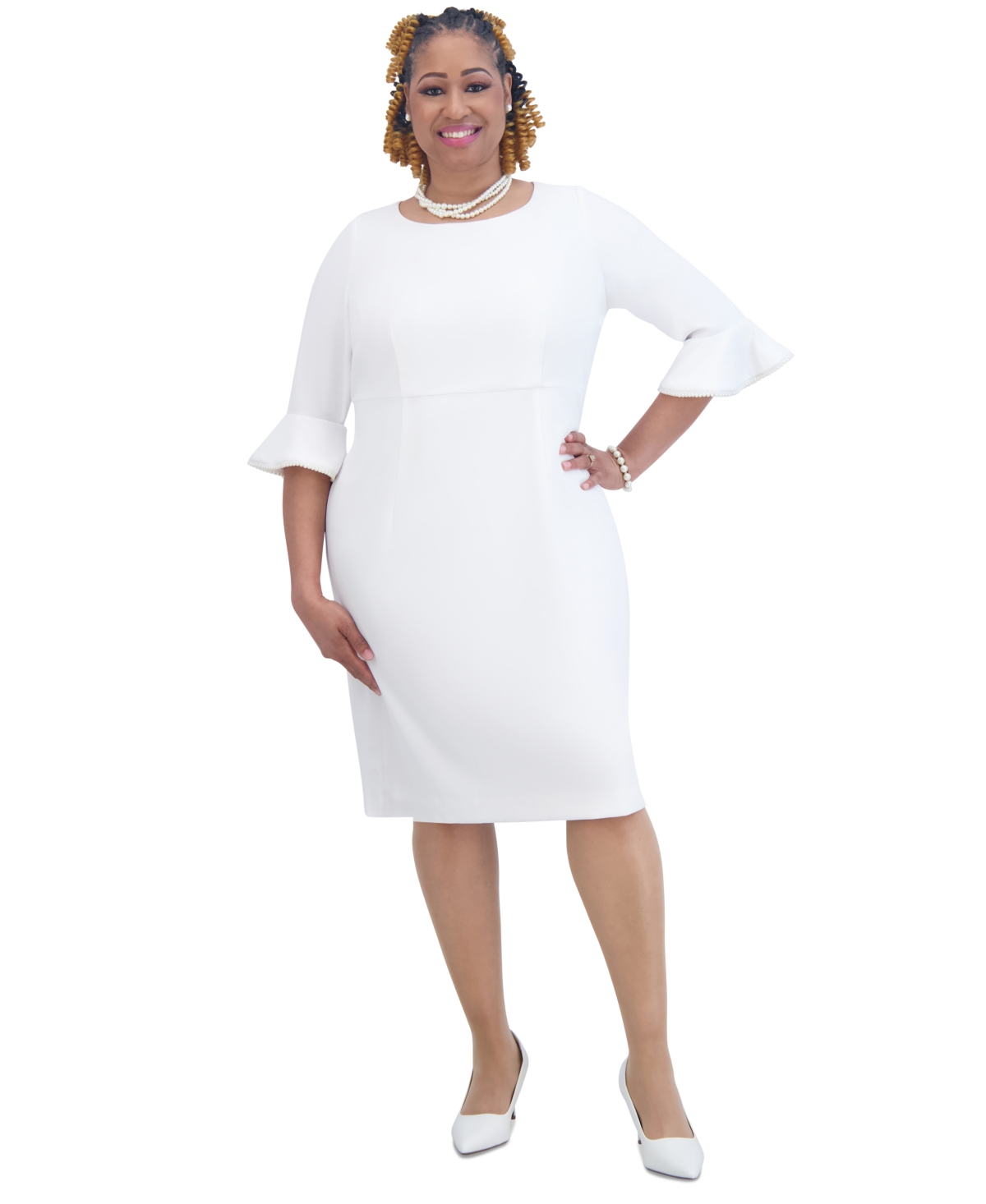 Kasper Plus Size Kat Elbow-sleeve Ruffled-cuff Dress In White