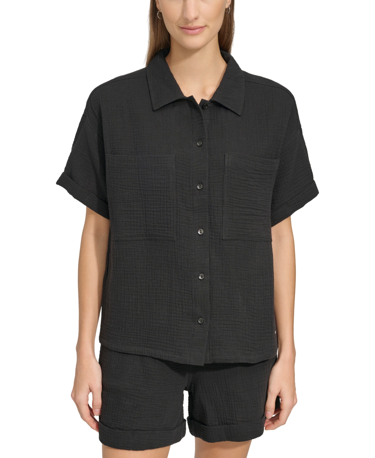 Shop Marc New York Andrew Marc Sport Women's Short-sleeve Gauze Button-front Camp Shirt In Black