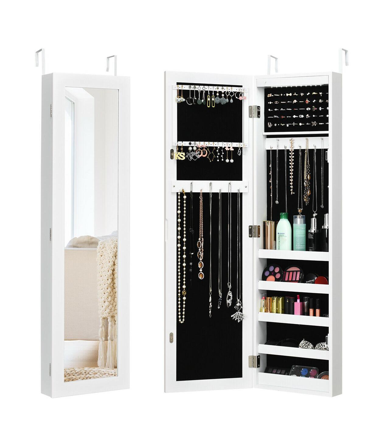 Wall And Door Mirrored Jewelry Cabinet With Led Light - White