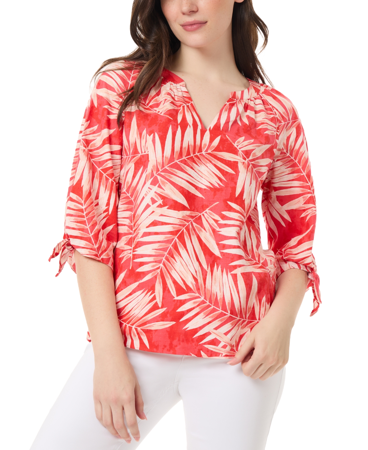 Women's Printed Split-Neck Elbow-Sleeve Top - Coral Sun