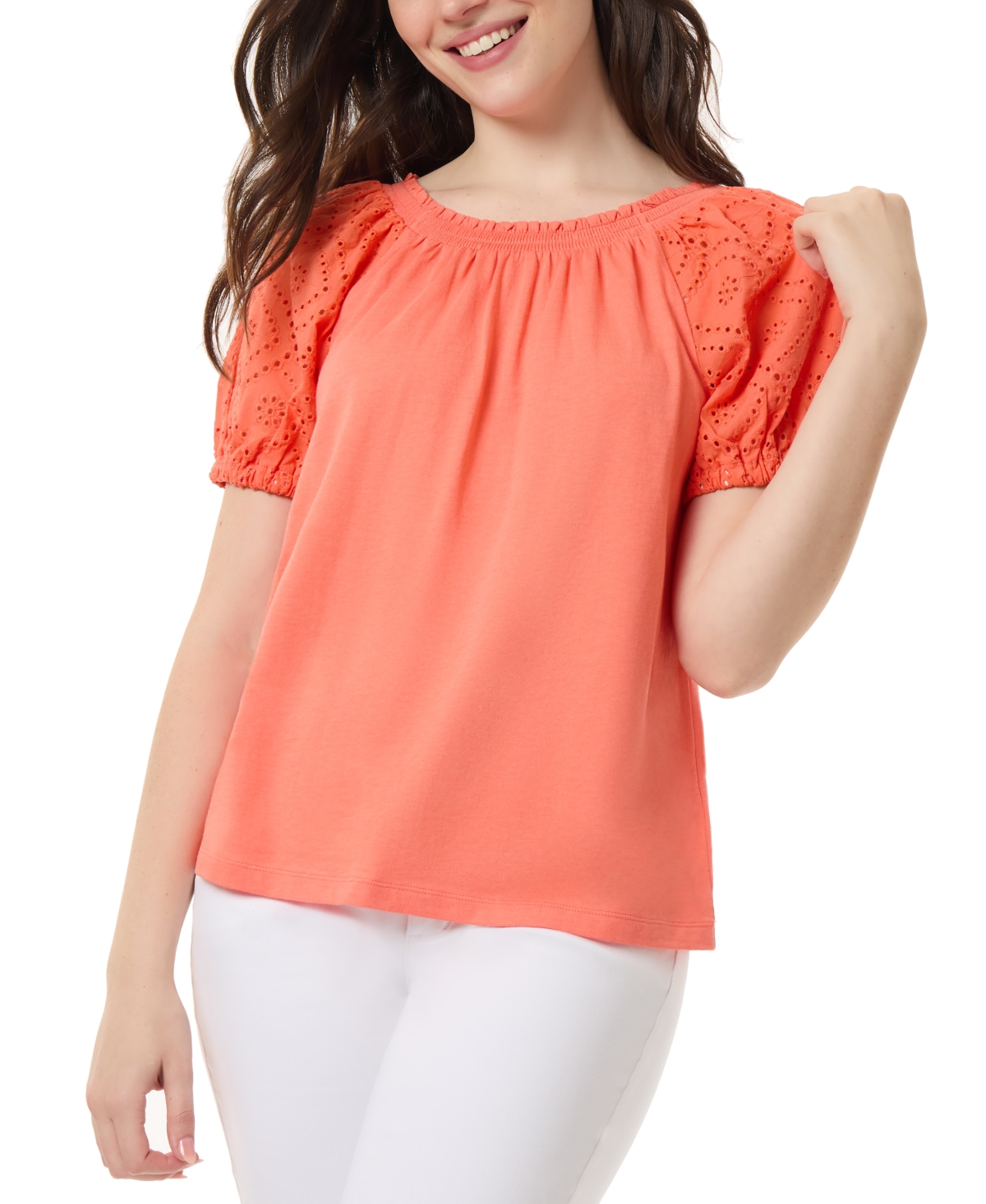 Women's Smocked-Neck Mixed-Media Puff-Sleeve Top - Coral Sun