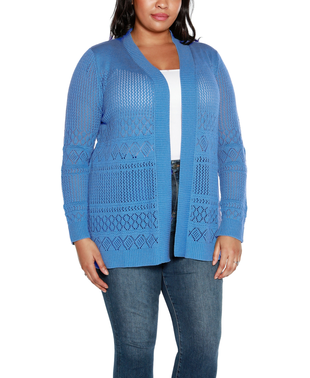 BELLDINI PLUS SIZE POINTELLE OPEN CARDIGAN SWEATER 