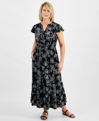 Style & Co - Petite Printed Flutter-Sleeve Maxi Dress