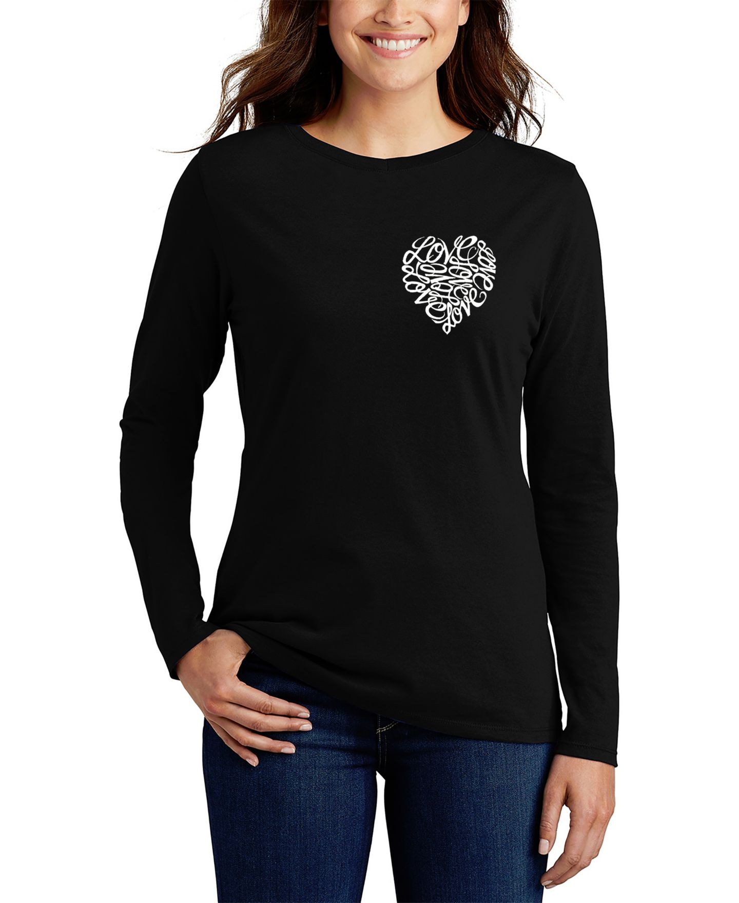 Женская футболка LA Pop Art Word Art Cursive Heart Long Sleeve, цвет: Чёрный — фото 1