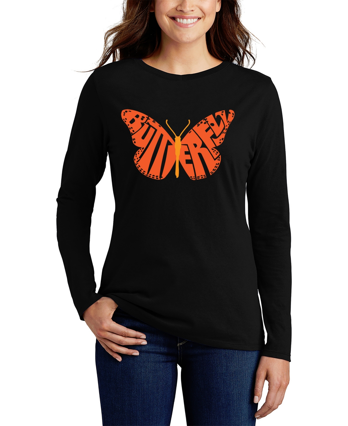 Women's Word Art Butterfly Long Sleeve T-Shirt - Black