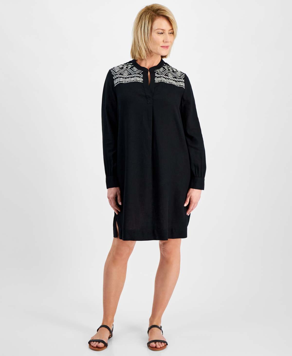 Petite Bruno Embroidered Popover Linen-Blend Shift Dress, Created for Macy's - Bruno Emb Blk