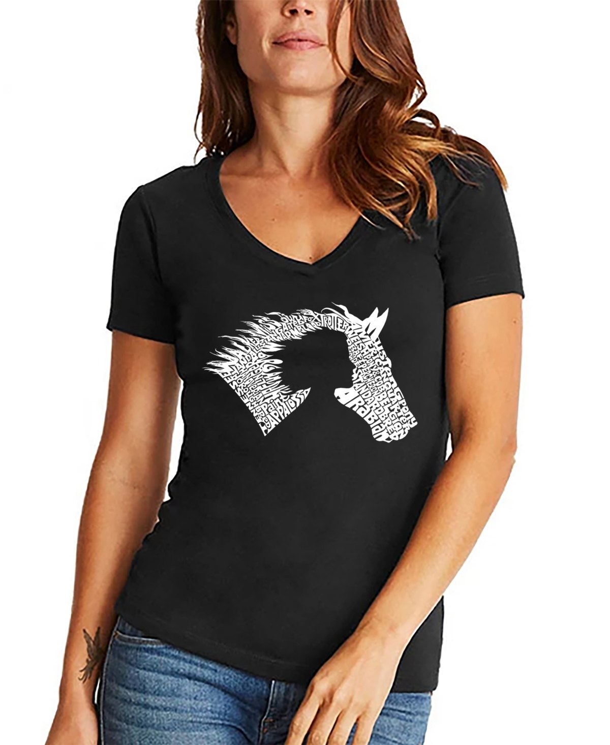 Women's Word Art Girl Horse V-Neck T-Shirt - Black