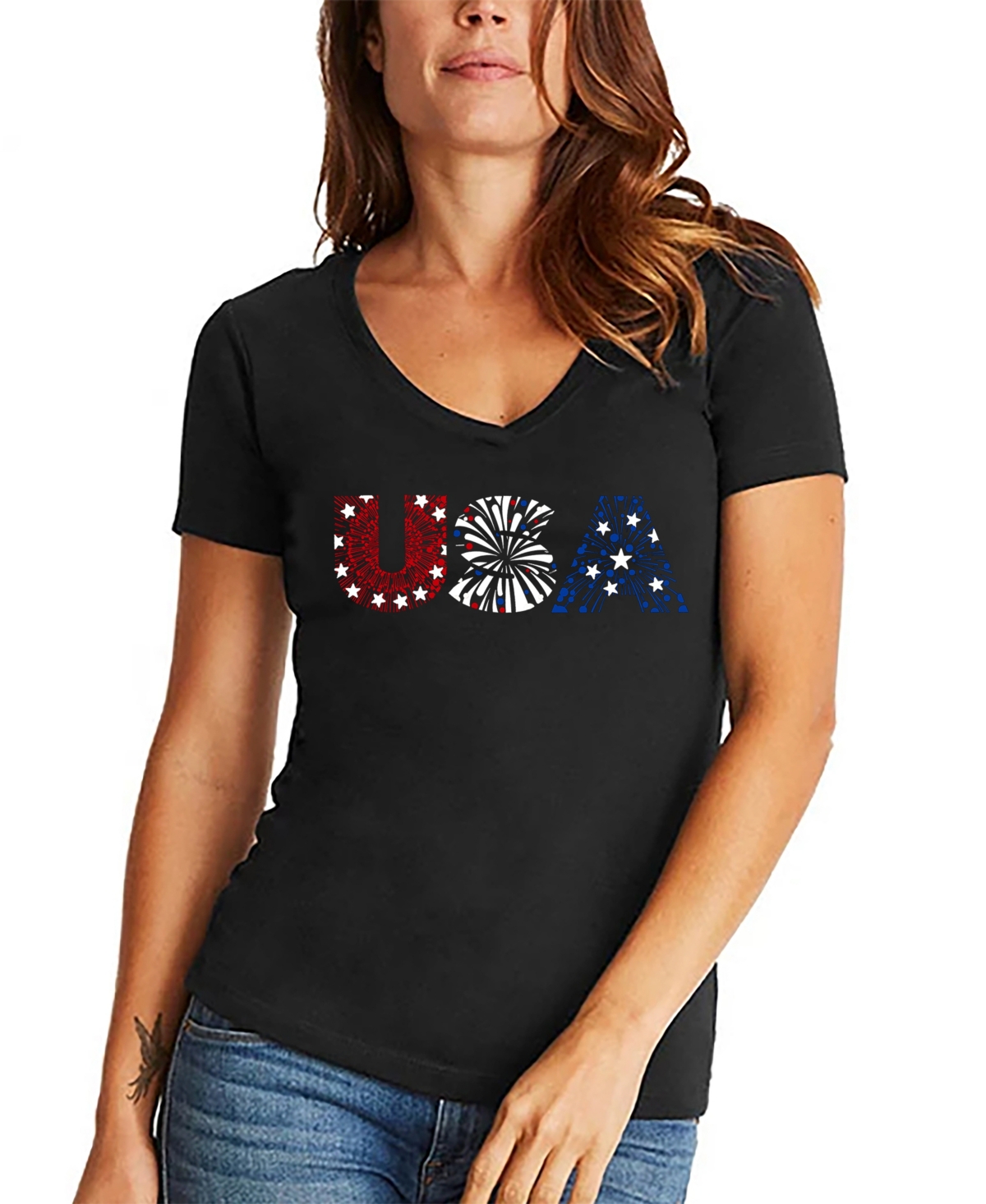 Women's Word Art Usa Fireworks V-Neck T-Shirt - Black