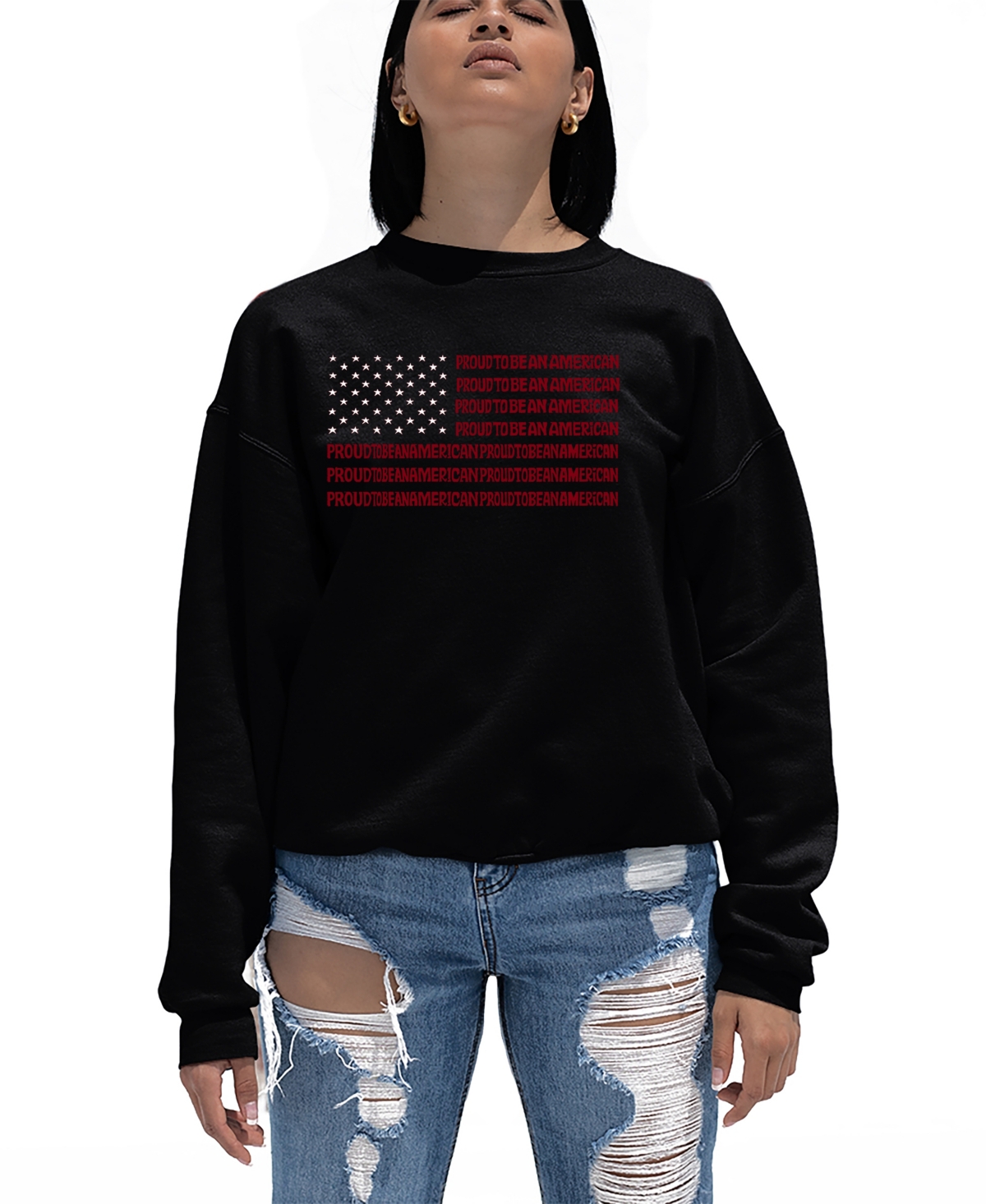 LA POP ART WOMEN'S WORD ART PROUD TO BE AN AMERICAN CREWNECK SWEATSHIRT 