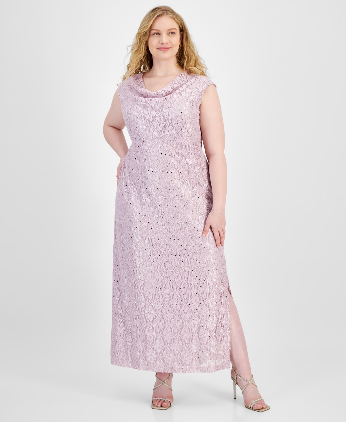 Plus Size Sequined Lace Draped-Neck Gown - Pale Orchid