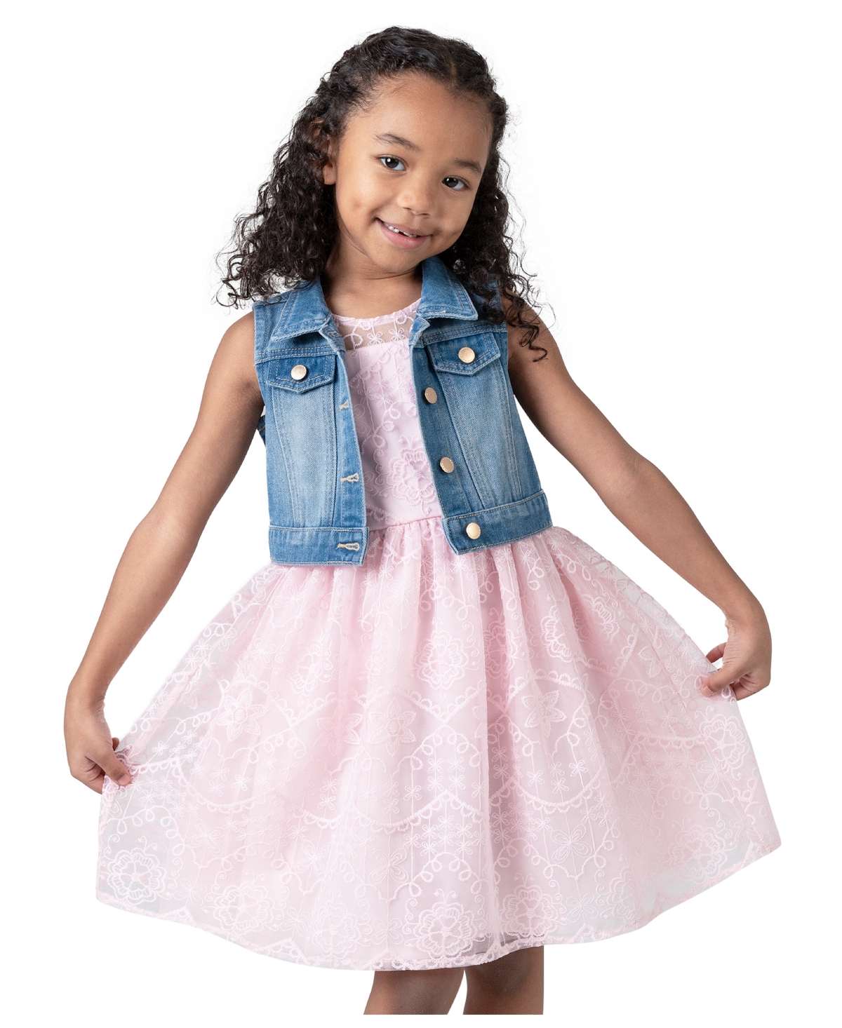 Shop Rare Editions Toddler & Little Girls Denim Vest And Embroidered Dress Outfit, 2 Pc In Blush