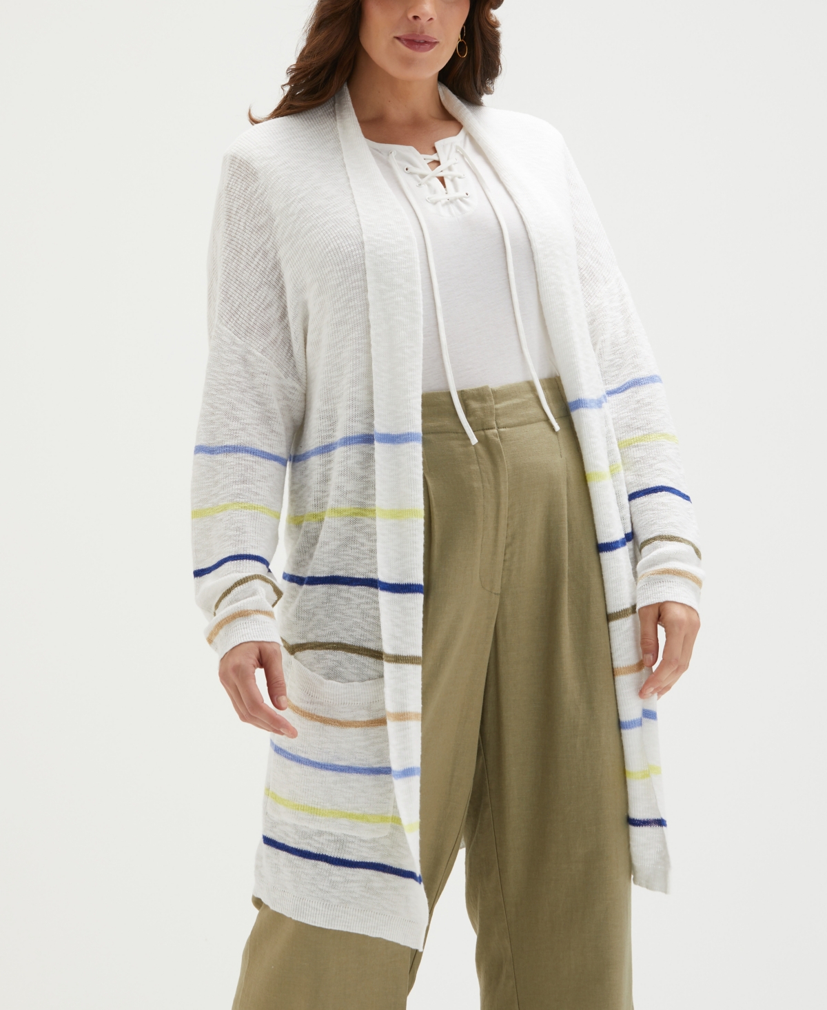 Plus Size Cotton-Linen Blend Striped Cardigan Sweater - Hydrangea