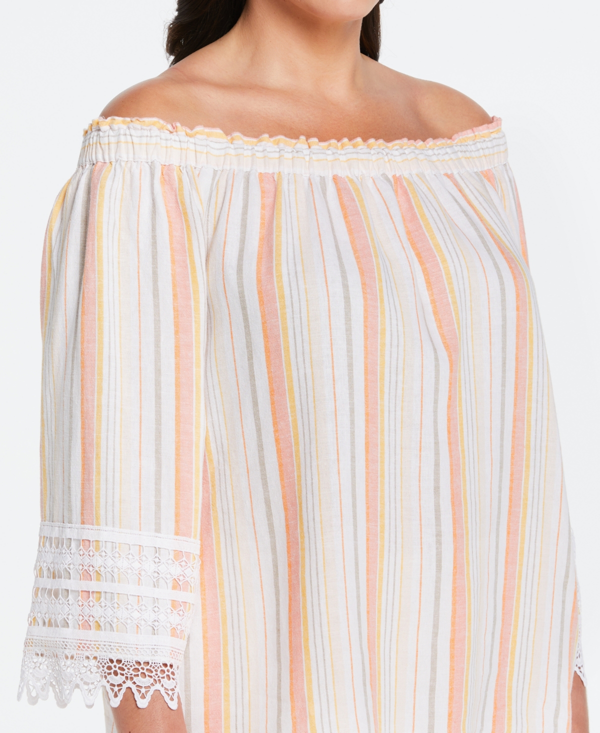 Shop Ella Rafaella Plus Size Linen Blend Peasant Top With Lace Sleeve In Desert Flower
