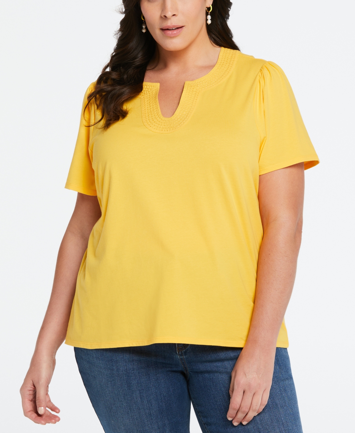 Shop Ella Rafaella Plus Size Cotton Jersey Top With Woven Trim In Amber Yellow