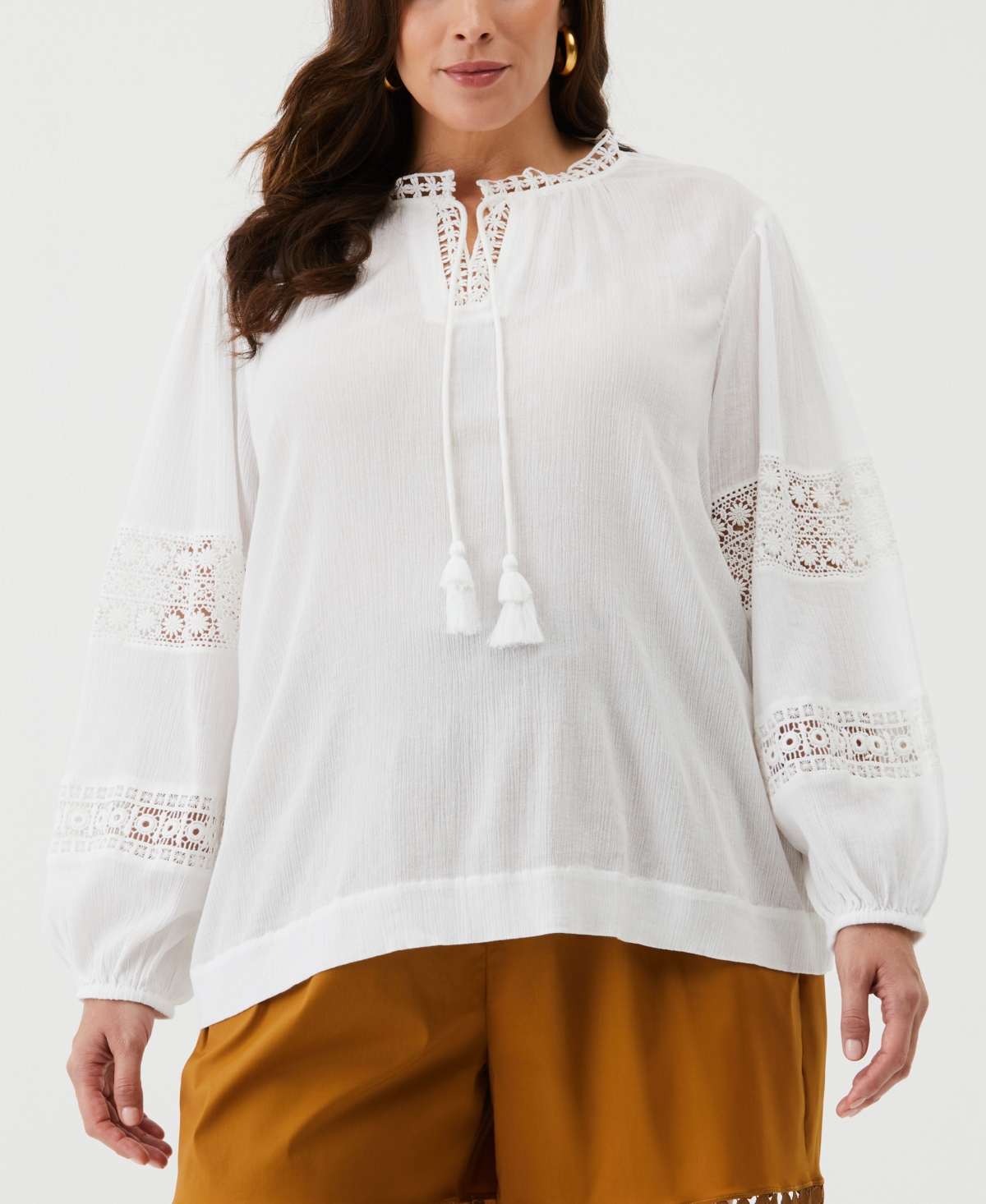 Shop Ella Rafaella Plus Size Embroidered Puff Long Sleeve Blouse In White