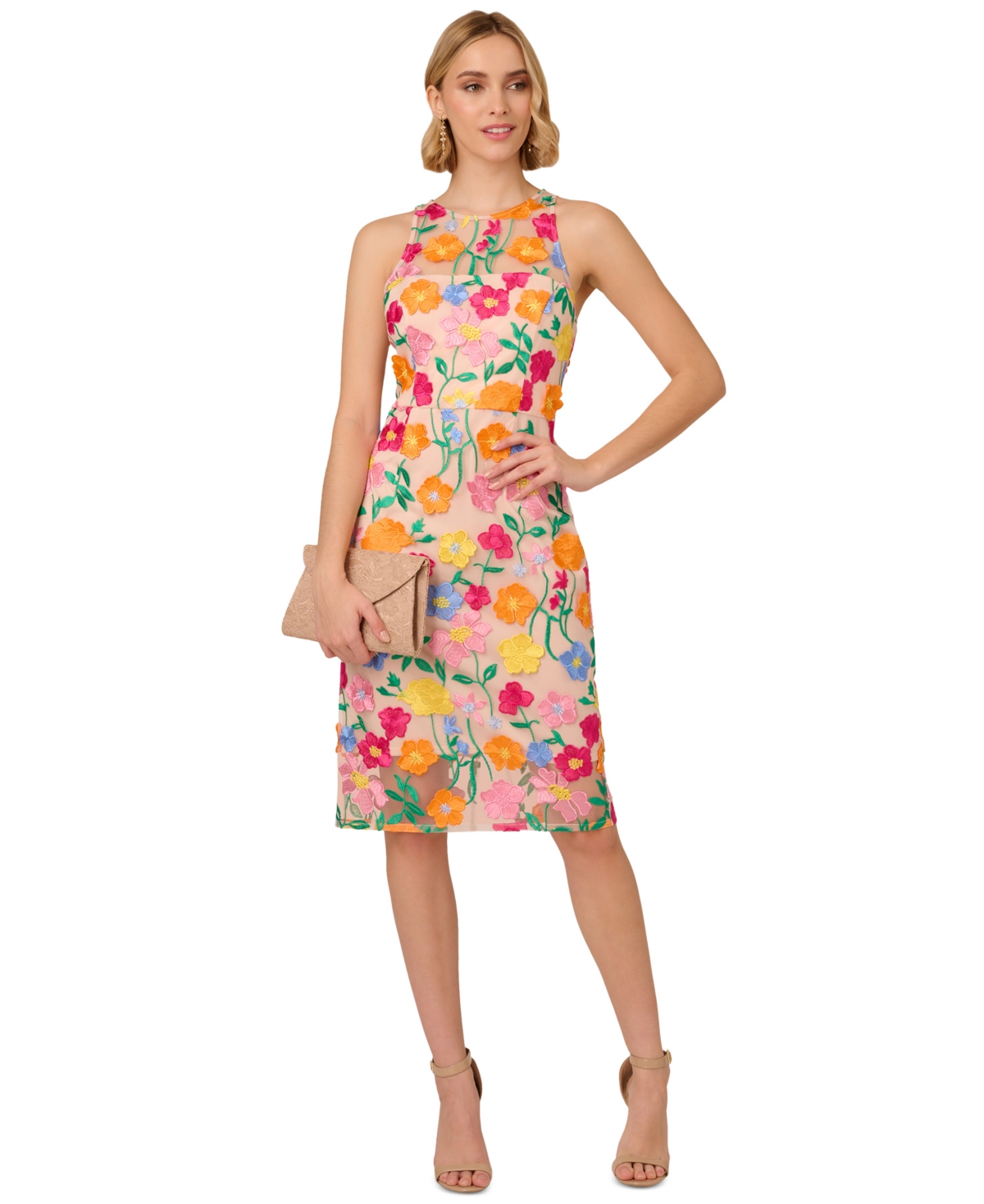 Women's Floral-Embroidered Column Dress - Pink/Yellow