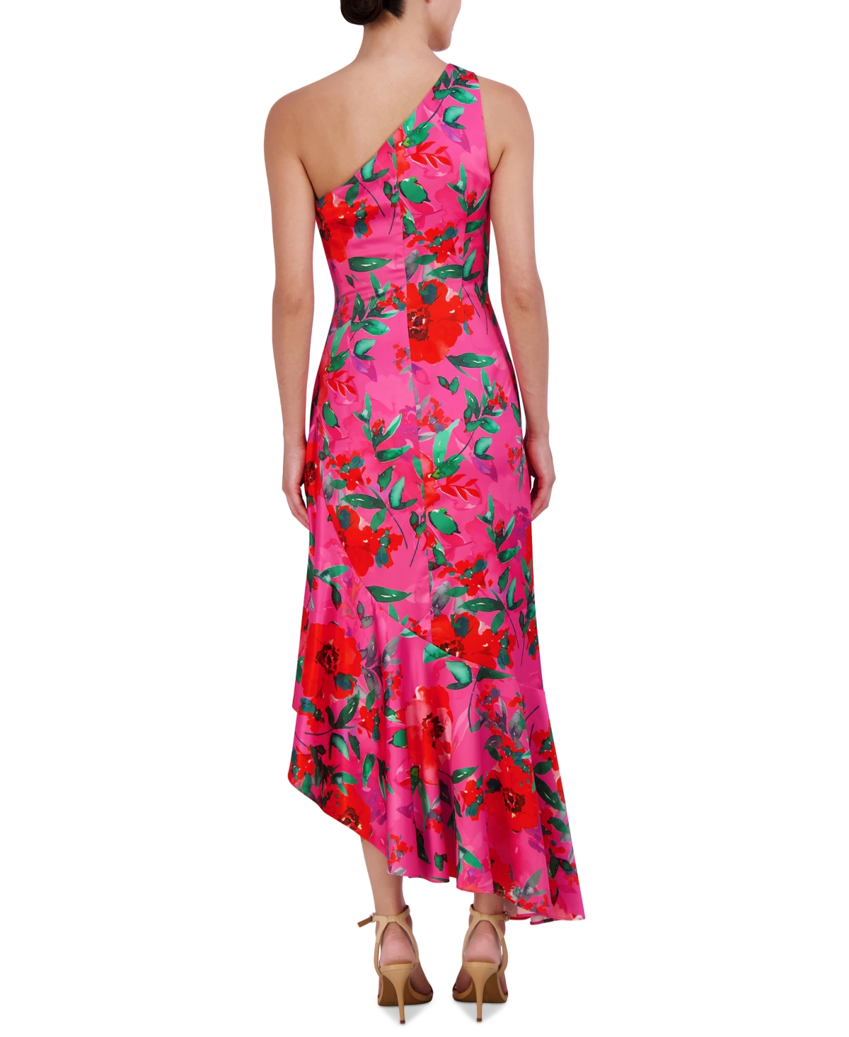 Shop Eliza J Petite Floral Satin Asymmetric-hem Midi Dress In Hot Pink