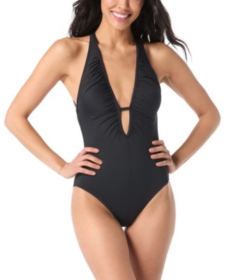 Women's Printed Shirred Plunge One-Piece Swimsuit