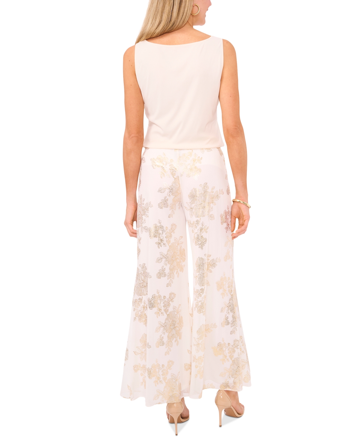 Shop Msk Petite Palazzo Foil-print Wide-leg Pull-on Pants In Ivory,gold