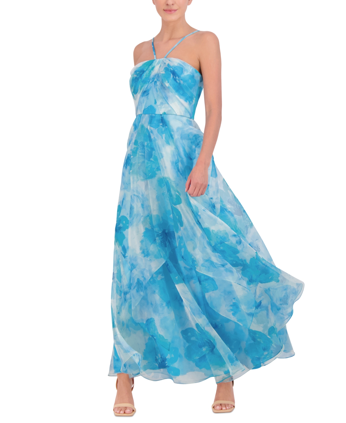 Shop Eliza J Women's Printed Pleated Ruffled Gown In Blue Multi