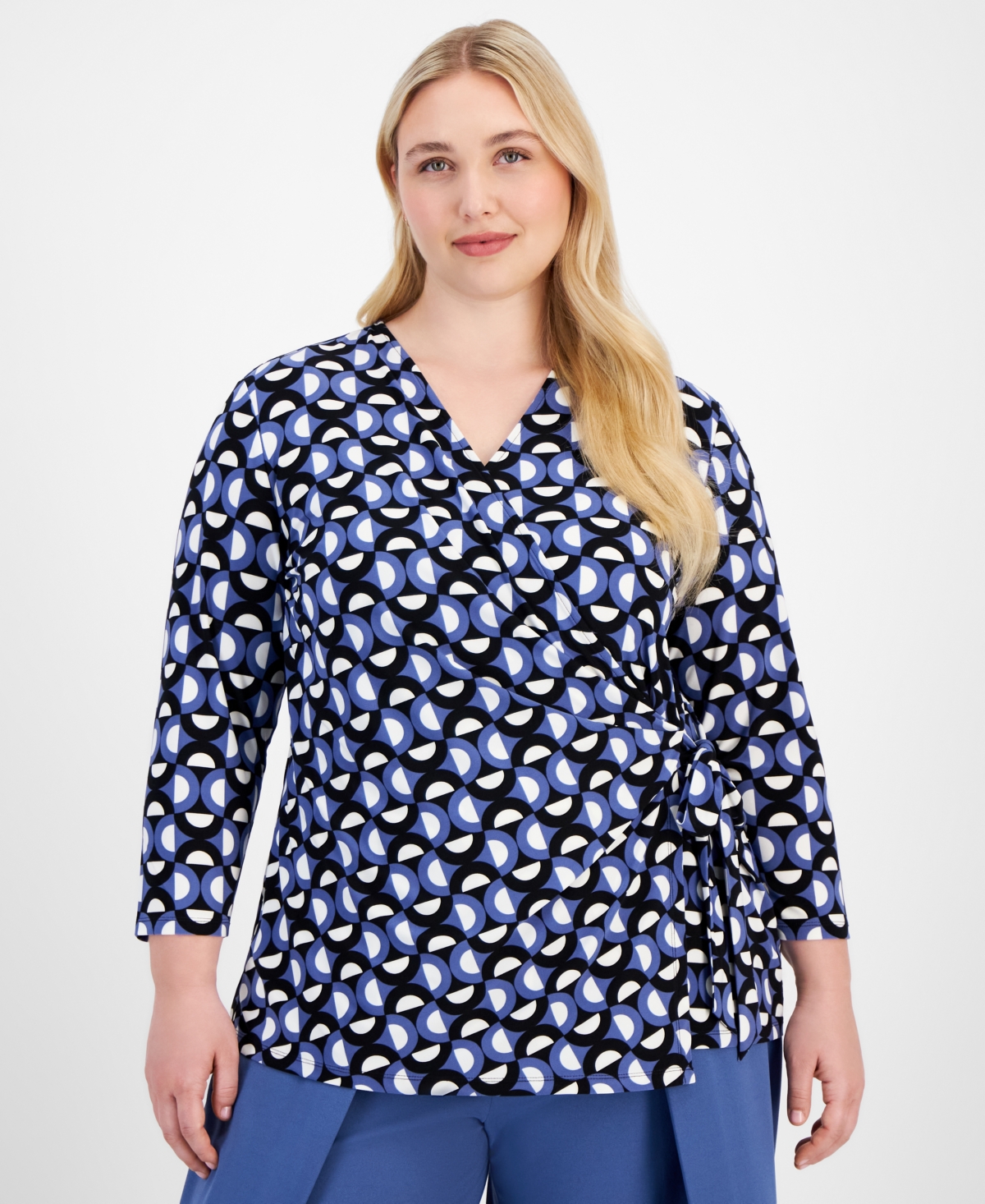 Plus Size Printed Side-Tie 3/4-Sleeve Top - Blue Jay/Anne Black