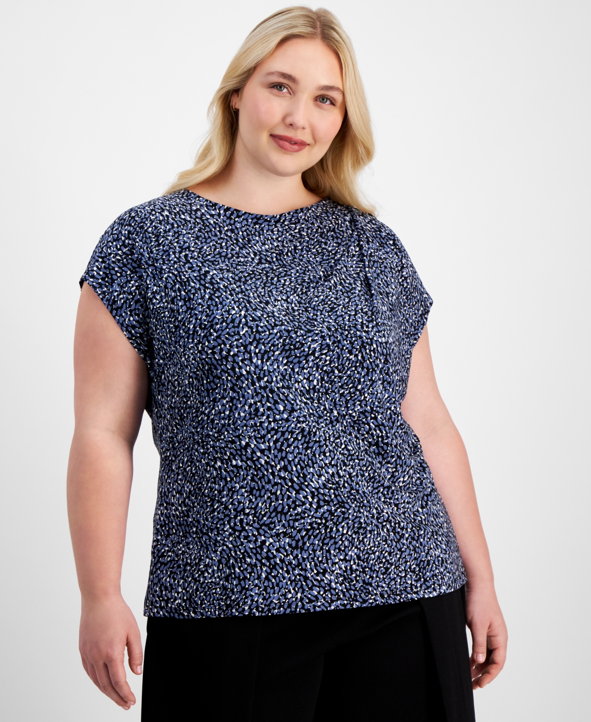 Plus Size Printed Knit Pleated-Trim Top - Blue Jay Multi