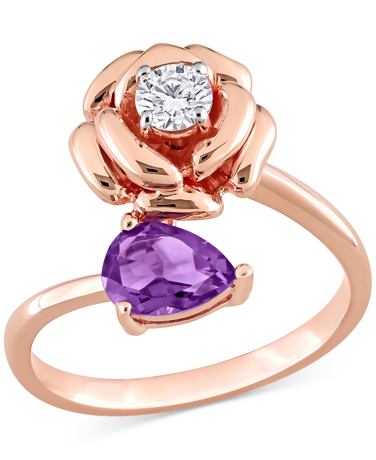 Macy's Amethyst (5/8 Ct. T.w.) & White Topaz (1/3 Ct. T.w.) Rose Bypass Ring In Rose-plated Sterling Silver