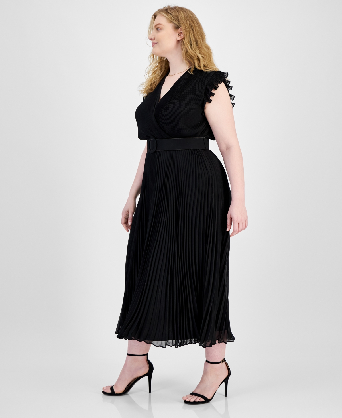 Shop Taylor Plus Size Pleated Belted A-line Dress In Black