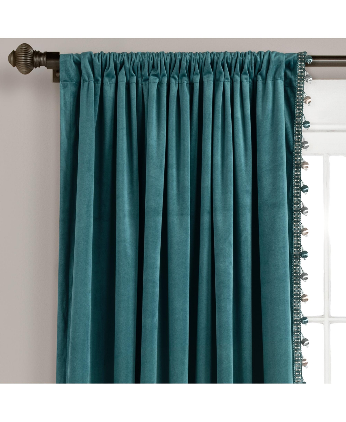 Lush Decor Luxury Vintage-Like Velvet with Silky Pompom Trim Window Curtain Panel, 52