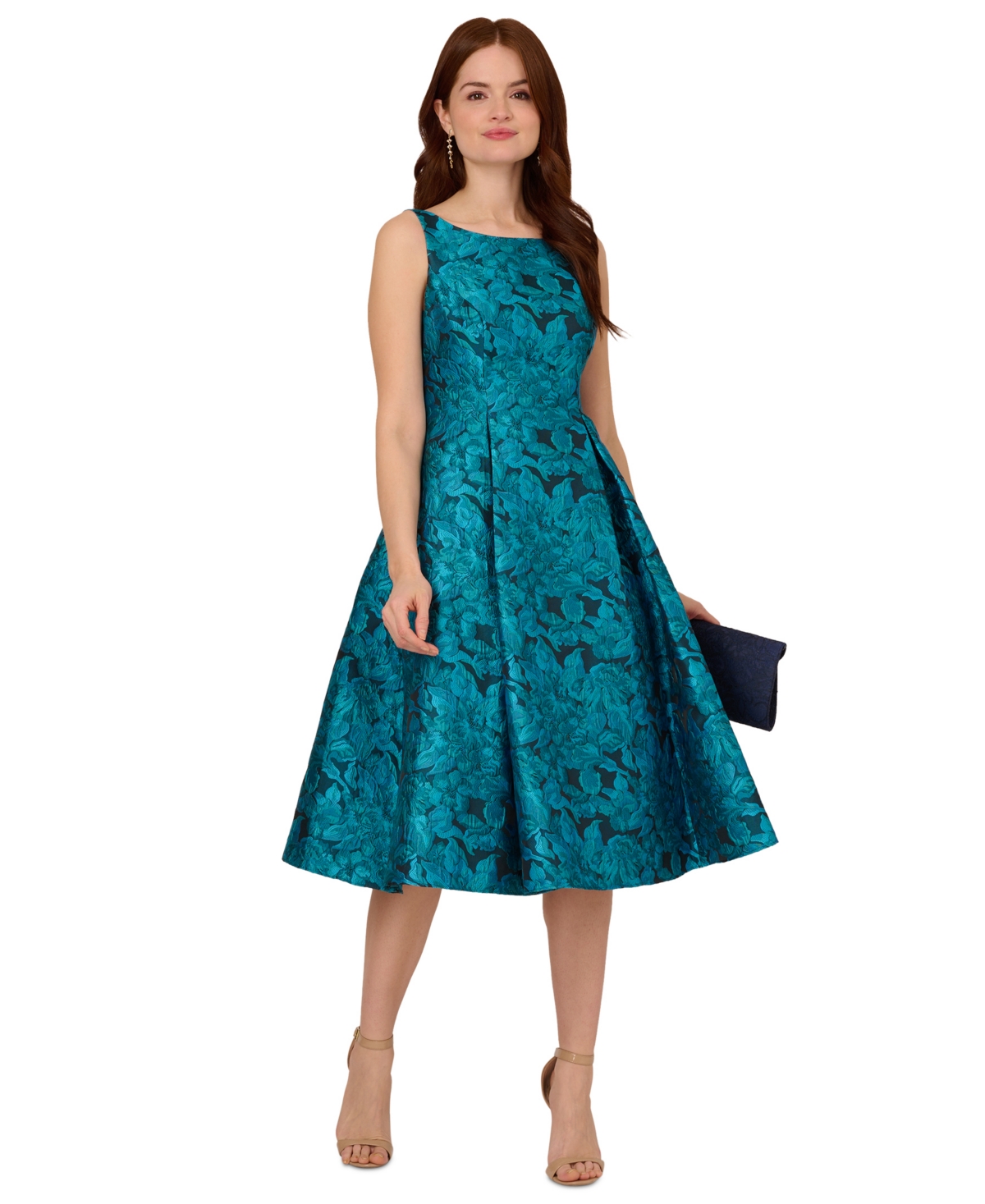 Women's Pleated Jacquard Midi Dress - Blue Multi