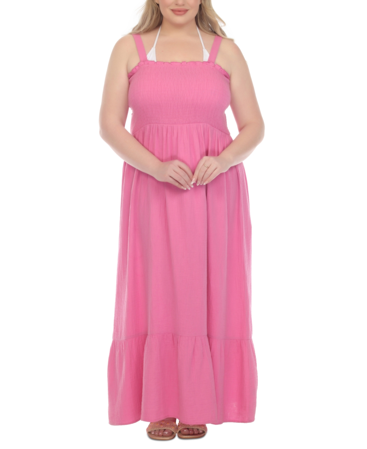Plus Size Smocked Cotton Sleeveless Cover Up Maxi Dress - Pink Fizz
