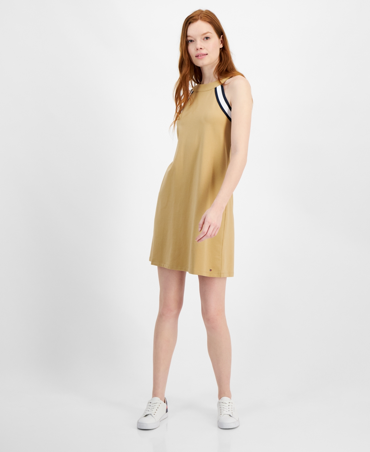 Shop Tommy Hilfiger Women's Contrast-trim Sleeveless Sneaker Dress In Tannin