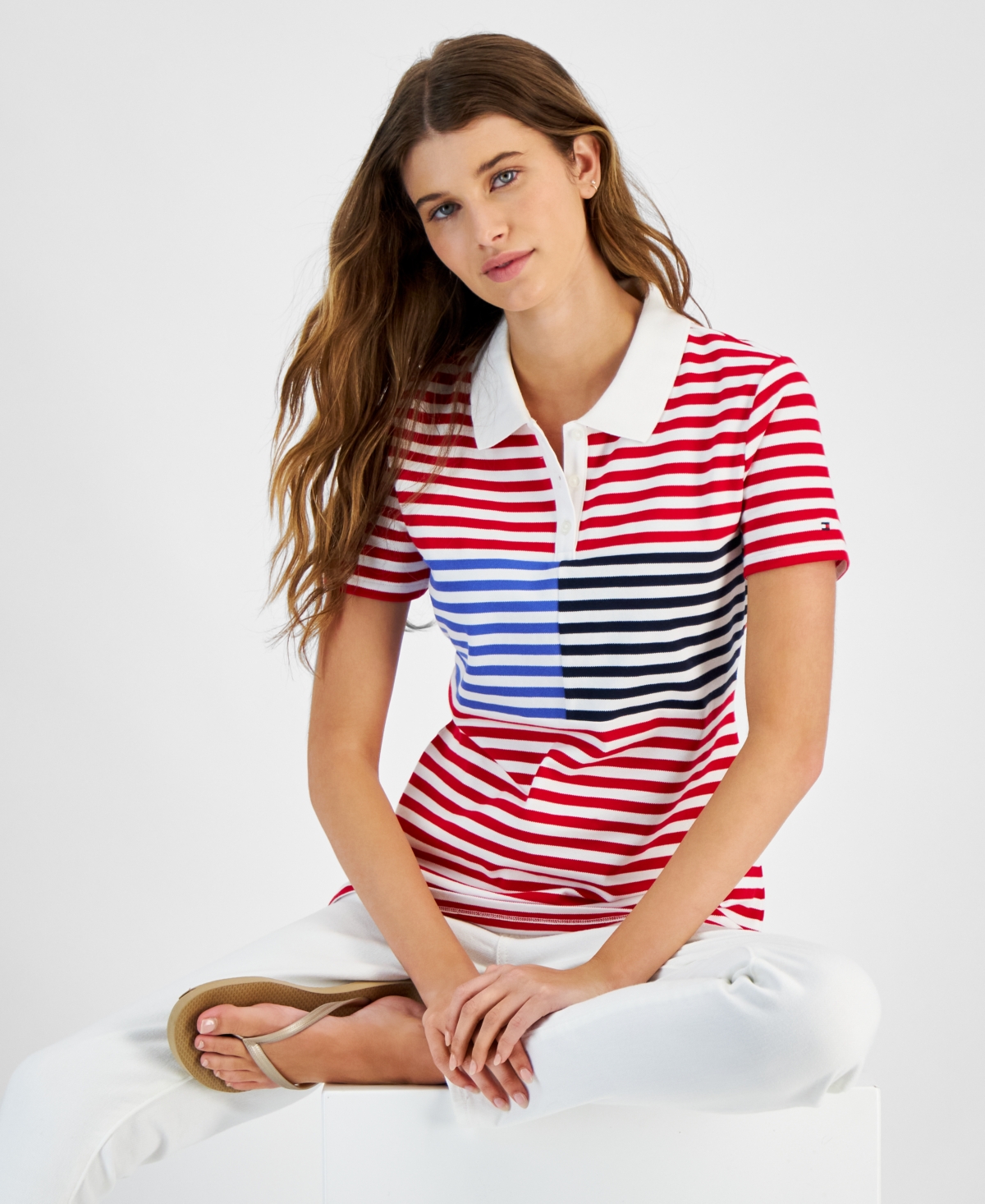 Shop Tommy Hilfiger Women's Striped Short Sleeve Polo Shirt In Scar,bwht