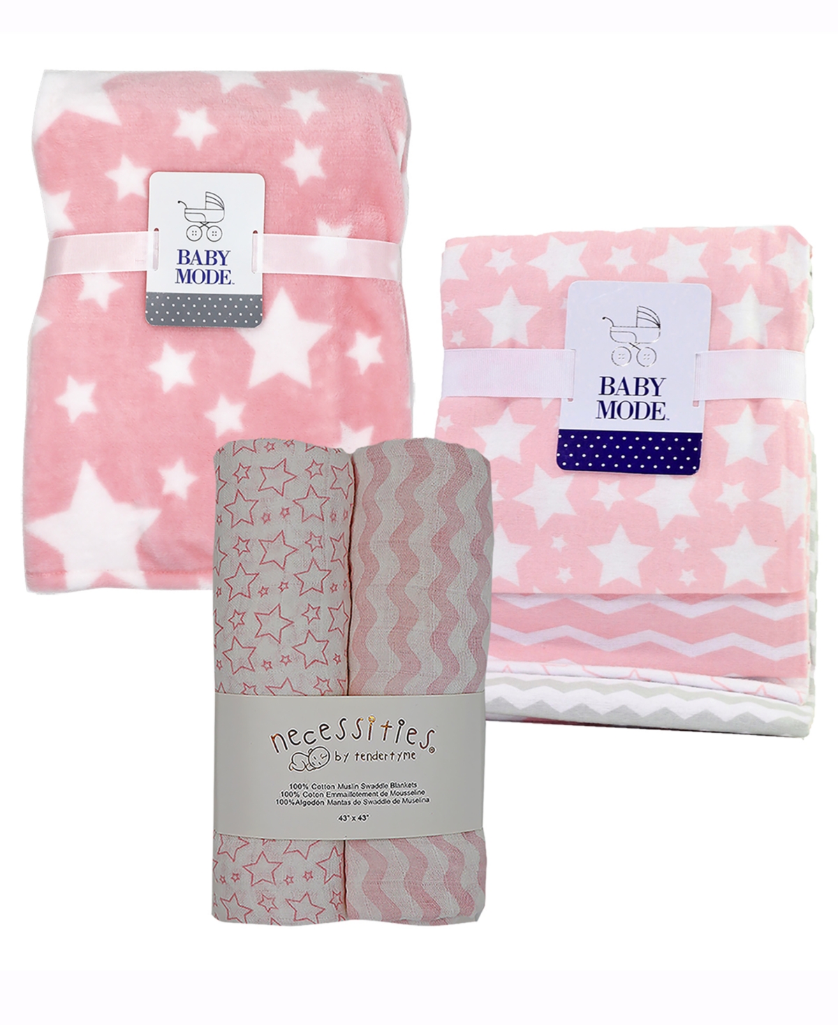 Tendertyme Baby Girls Stars Nursery Blanket Collection, 7 Piece Set In Pink And White