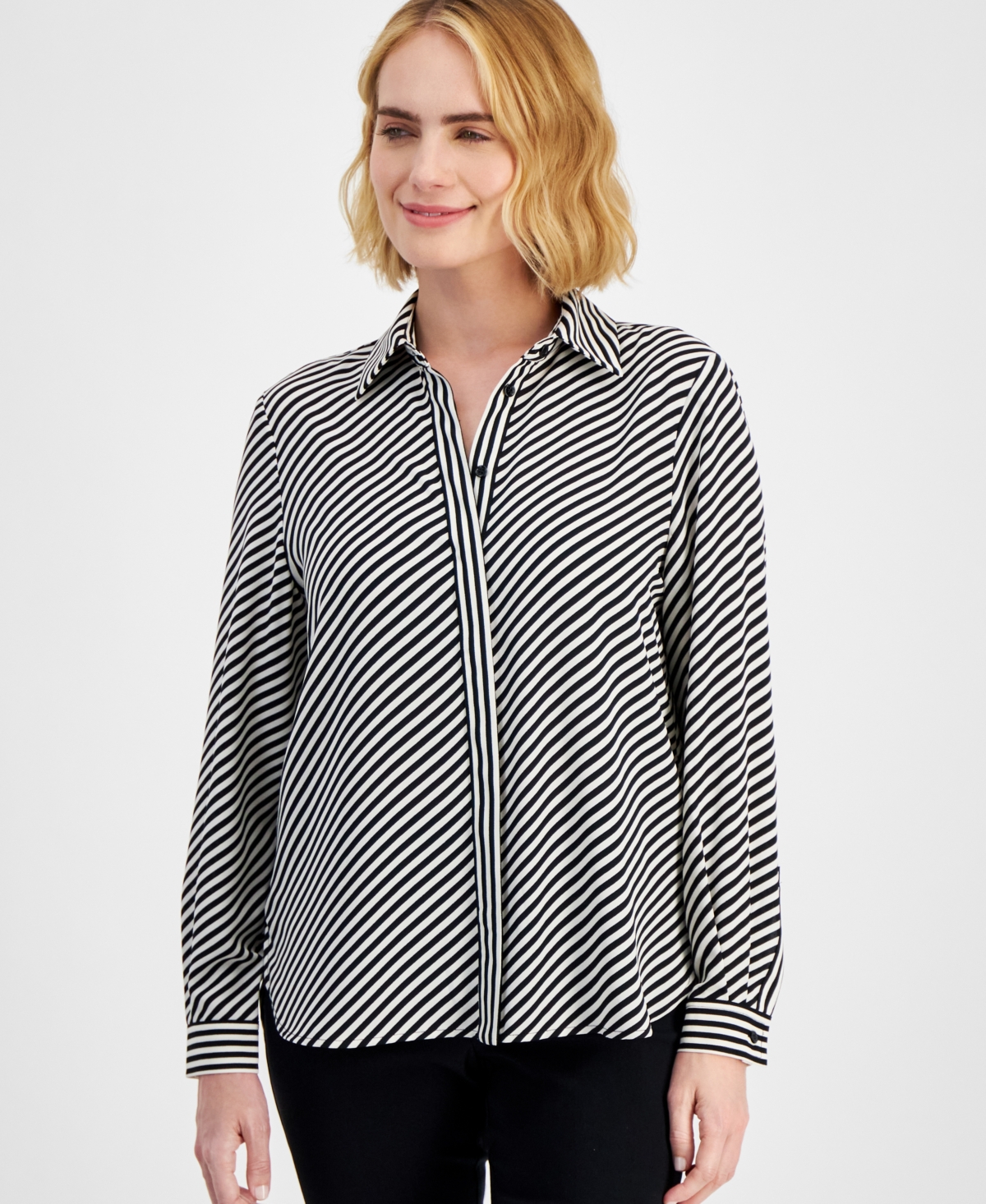 Shop Anne Klein Petite Striped Covered-placket Long-sleeve Top In Anne Black,anne White Combo