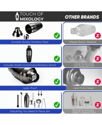 Premium 14 Piece Stainless Steel Bartender Kit with Bamboo Stand (Dark Metallic)