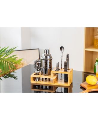 Premium 14 Piece Stainless Steel Bartender Kit with Bamboo Stand (Dark Metallic)