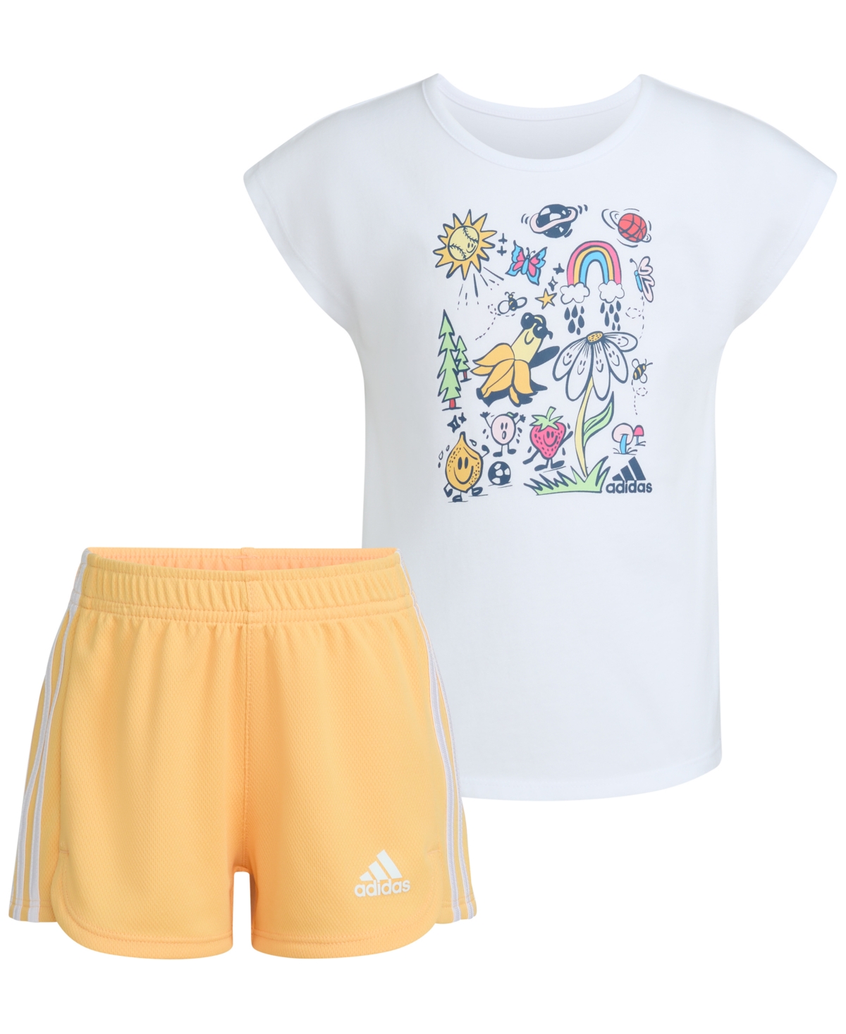 Shop Adidas Originals Little & Toddler Girls Graphic T-shirt & Mesh Shorts, 2 Piece Set In White W Yellow