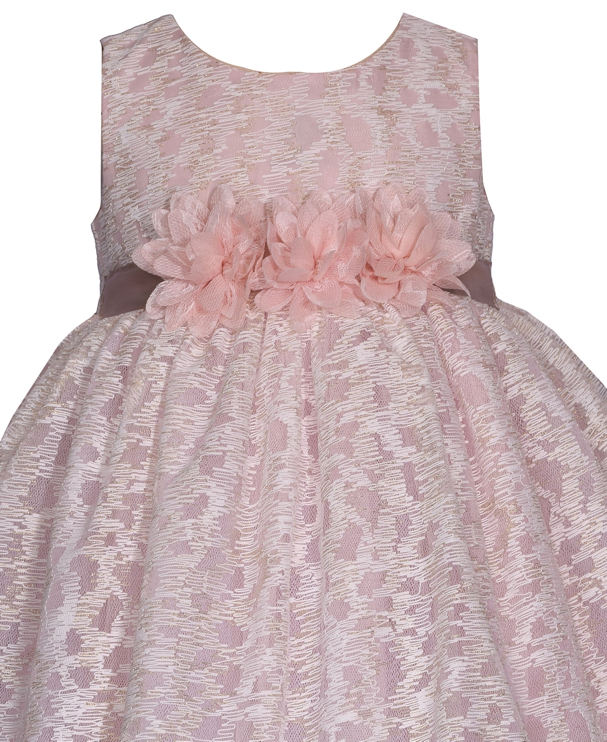 Bonnie Baby Baby Girls Lace Overlay Dress with Illusion Neckline and Ribbon Waistline