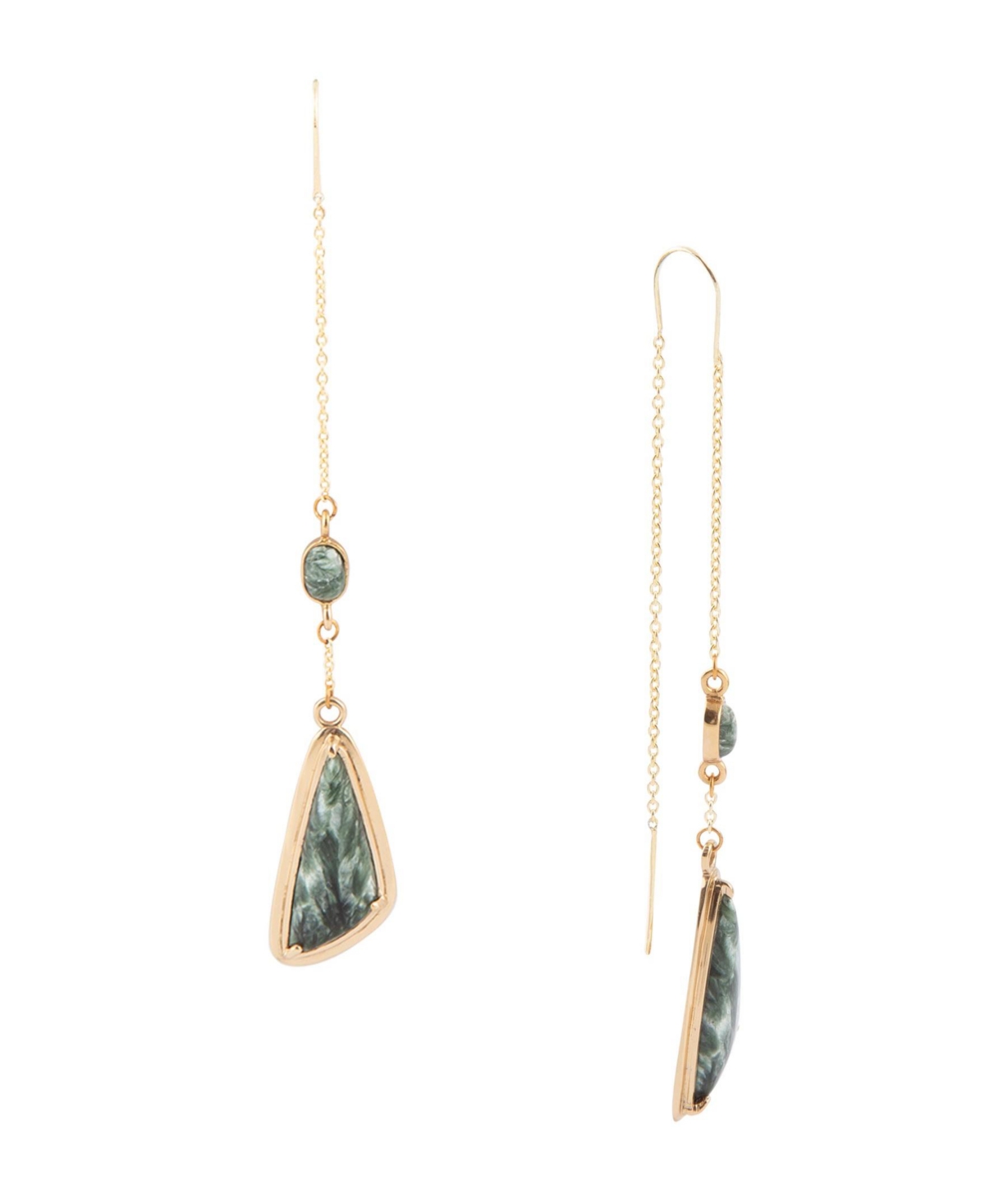 Barse Threader Genuine Green Seraphinite Golden Bronze Abstract Drop Earrings