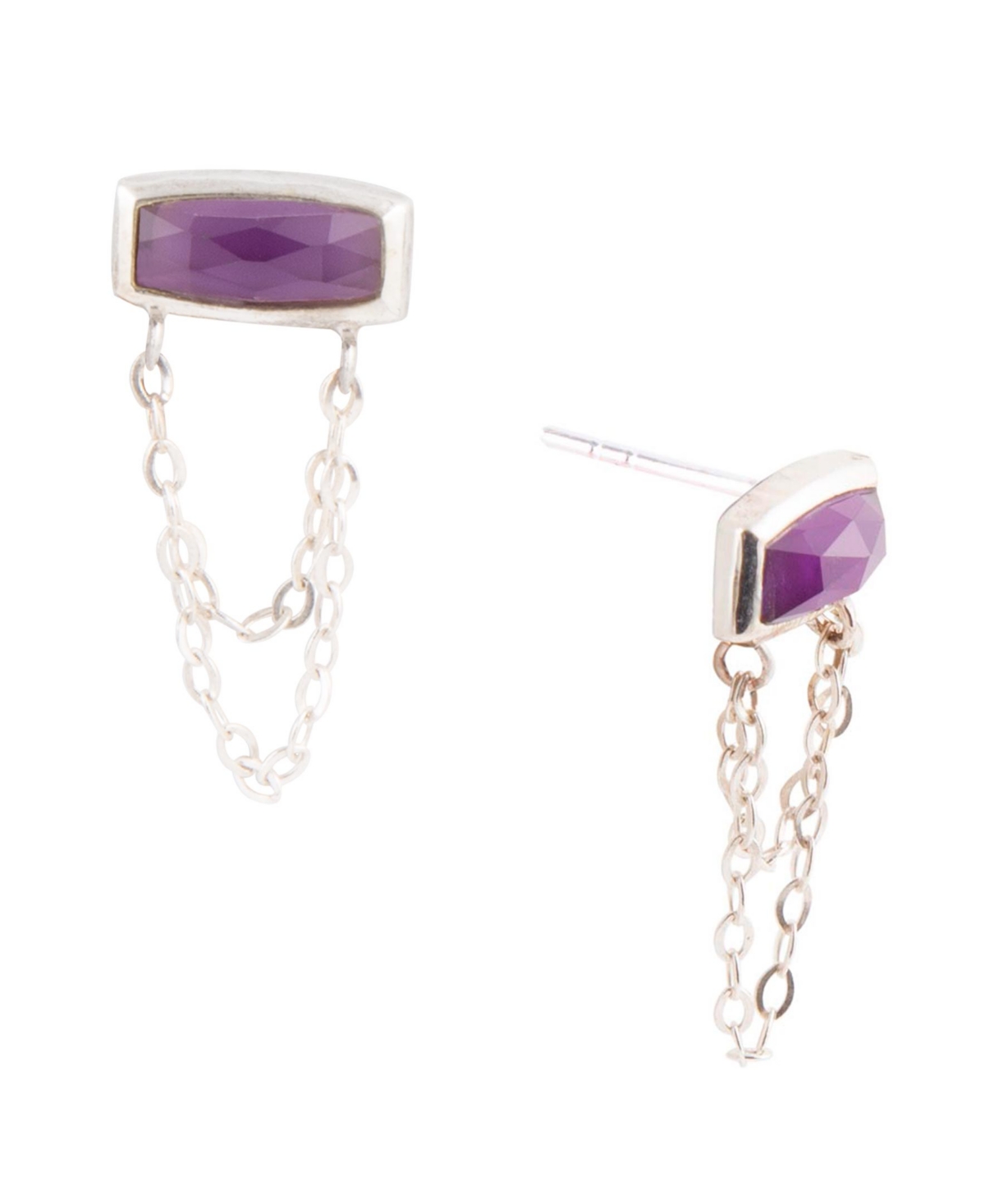 Hammered Genuine Purple Amethyst and Sterling Silver Rectangle Stud Earrings - Purple