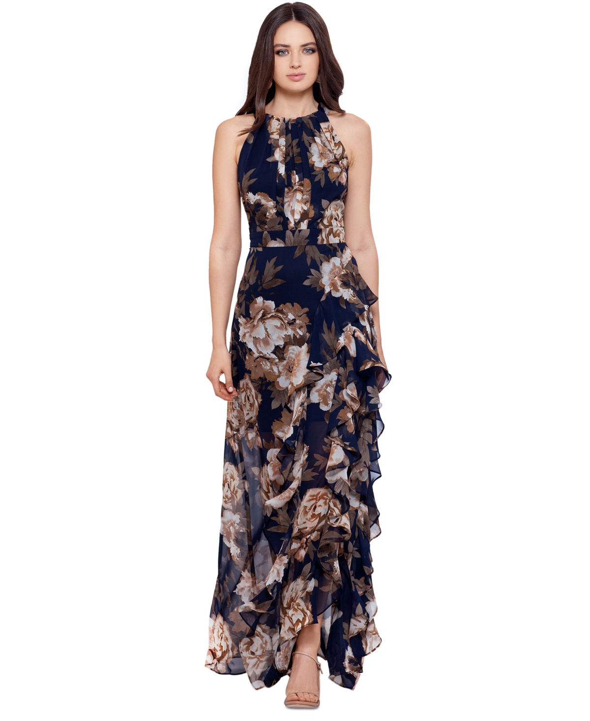 Shop Betsy & Adam Petite Chiffon Floral-print Ruffle Dress In Navy,antique