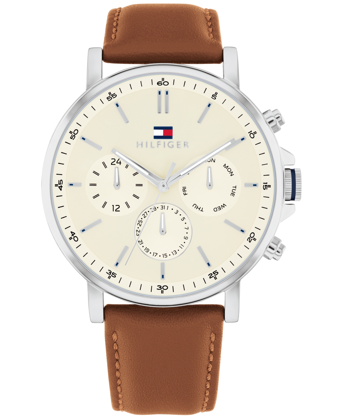 Shop Tommy Hilfiger Men's Multifunction Brown Leather Watch 44mm In Parchment