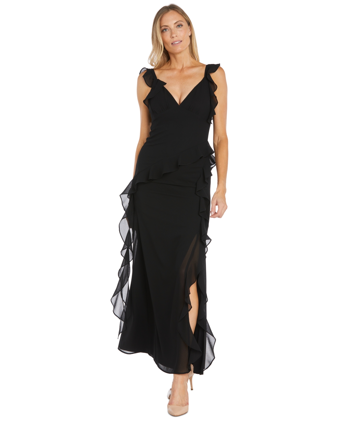 Shop R & M Richards Women's Ruffled Side-slit Gown In Black